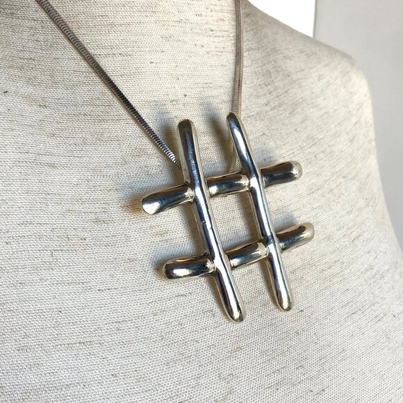 Sterling Silver 925 Large Hashtag Pound Symbol Brooch Pendant Necklace FLAW 17" - Picture 16 of 16